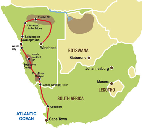 Afrika Safari Route von Cape Town in Südafrika nach Windhoek, Namibia