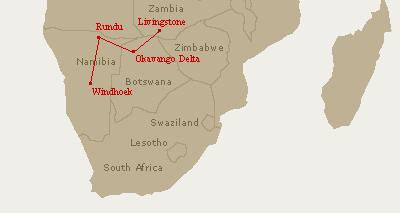 Reiseroute von Windhoek in Namibia an die Viktoriafälle zwischen Sambia und Simbabwe