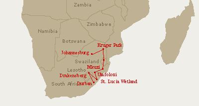 Safari Route von Durban nach Johannesburg durch Südafrika