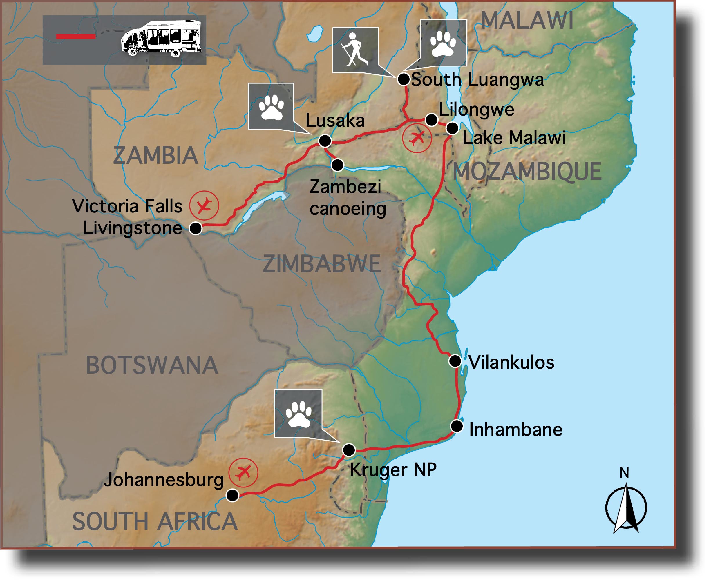 Safari Route von Livingstone in Sambia nach Lilongwe in Malawi 