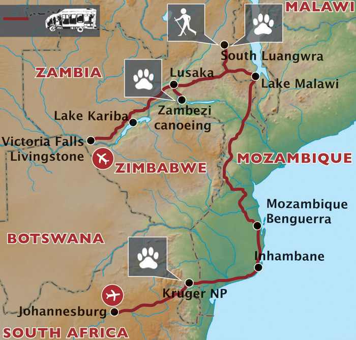 Die alte Afrika Handelsroute von den Viktoriafällen durch Mosambik nach Johannesburg in Südafrika