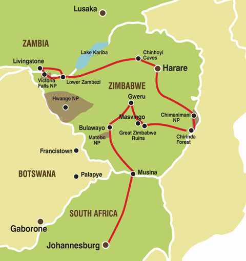 Route der Campingreise durch Simbabwe von den Viktoriafällen an der Grenze zu Sambia bis nach Johannesburg in Südafrika